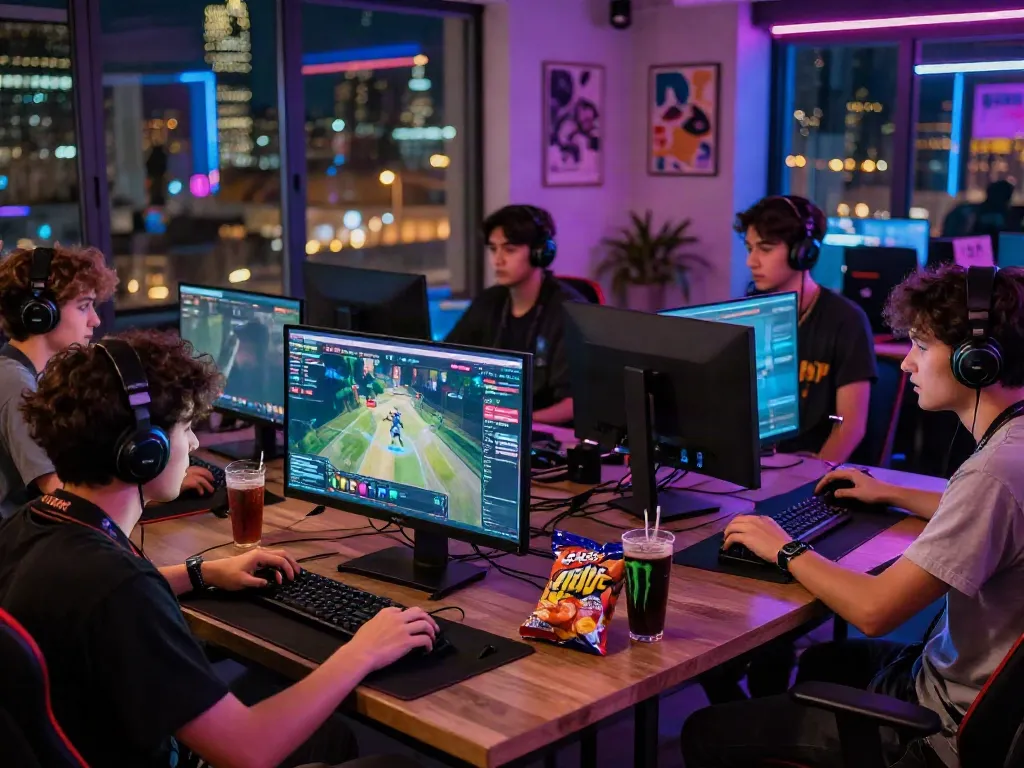 Young adults enjoying gaming together in an urban setting with akunjp display screens.