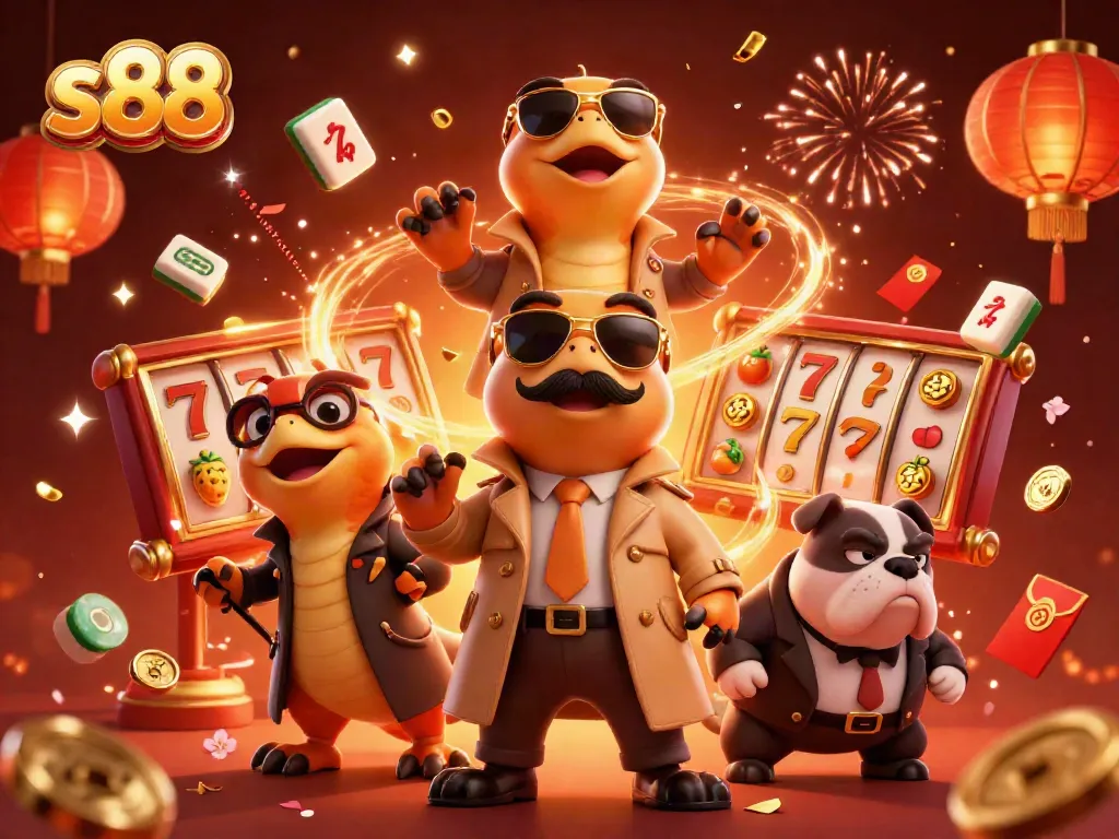 Experience s88 excitement with playful raptors in a casino scene full of vibrant elements.