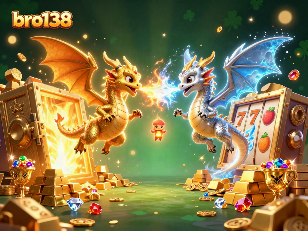 Experience exciting wins at bro138 with a dynamic illustration of iconic casino symbols and dragons.