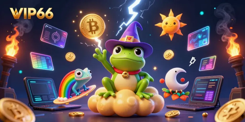 Experience excitement at VIP66 with golden coins and vibrant characters in an engaging online casino scene.