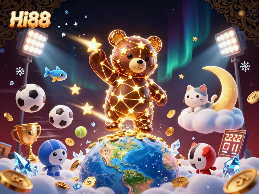 Engage with Hi88 for thrilling online gaming experiences, featuring dynamic sports elements and a whimsical cosmic scene.