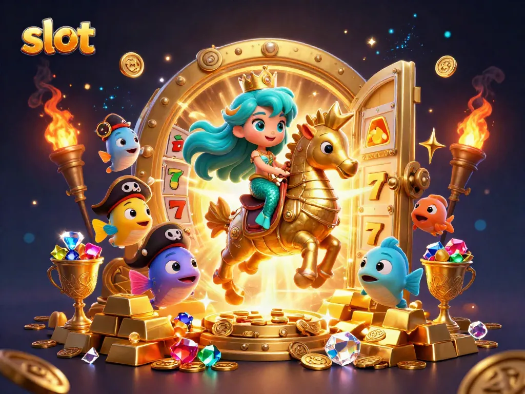 Experience the excitement of slot machines with a vibrant 3D illustration featuring a mermaid and seahorse.