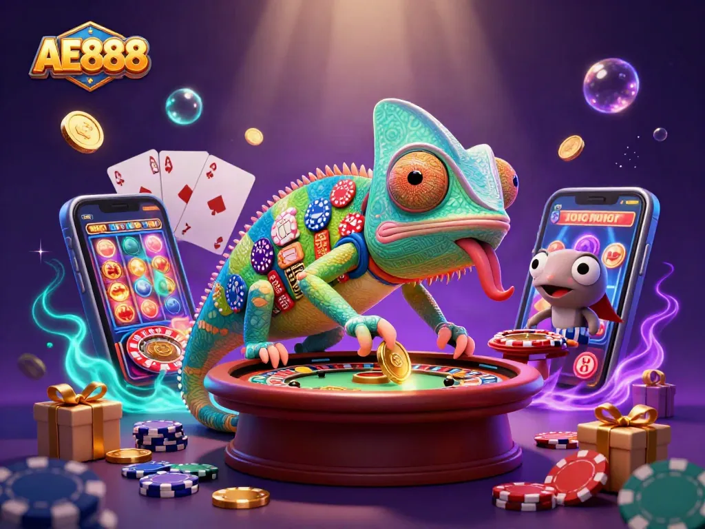 Experience the vibrant AE888 casino world with a colorful chameleon and dynamic game elements.