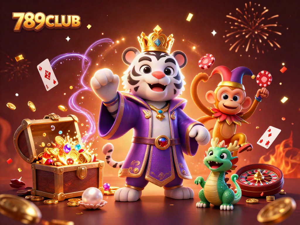 Experience the thrilling atmosphere of 789CLUB with a royal tiger, jester monkey, and lively casino elements.