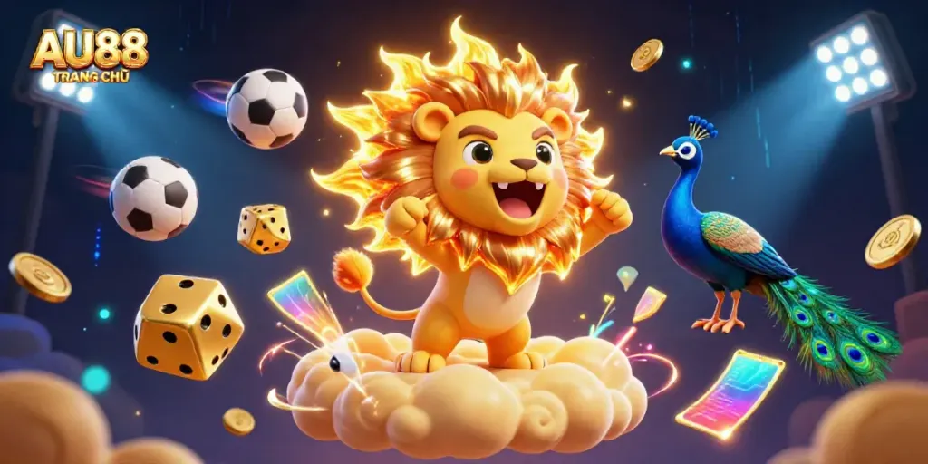 Experience the vibrant scene of AU88 TRANG CHỦ with a roaring lion and sports elements.