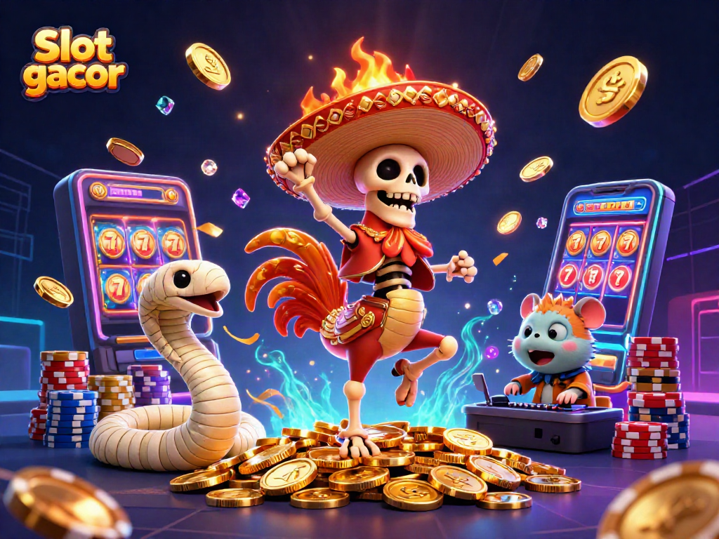 Slot gacor menampilkan ayam mariachi menari di tumpukan koin emas dengan simbol slot yang bersinar