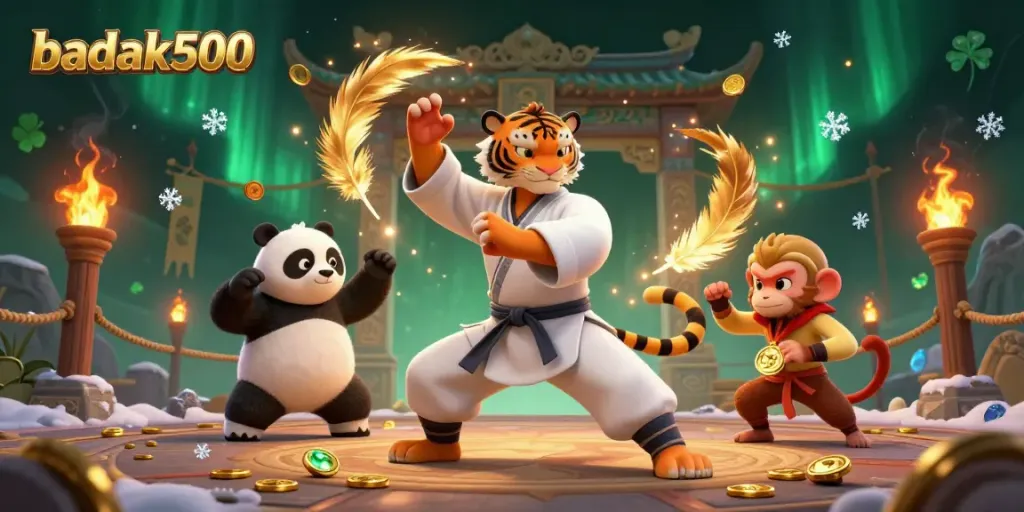 Gambaran 3D yang kaya elemen, menggambarkan badak500 dengan karakter kartun di arena kasino.