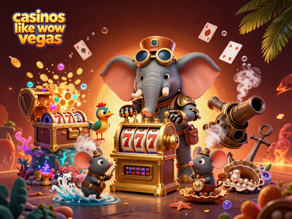 Engage with casinos like wow vegas in this vibrant steampunk casino illustration featuring golden slot machines and colorful gems.