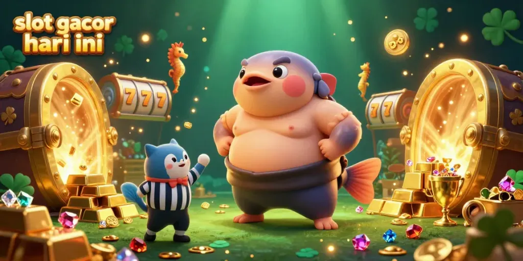 Slot gacor hari ini menampilkan ilustrasi 3D yang hidup dengan karakter kartun fugu besar dan elemen slot di sekitarnya.