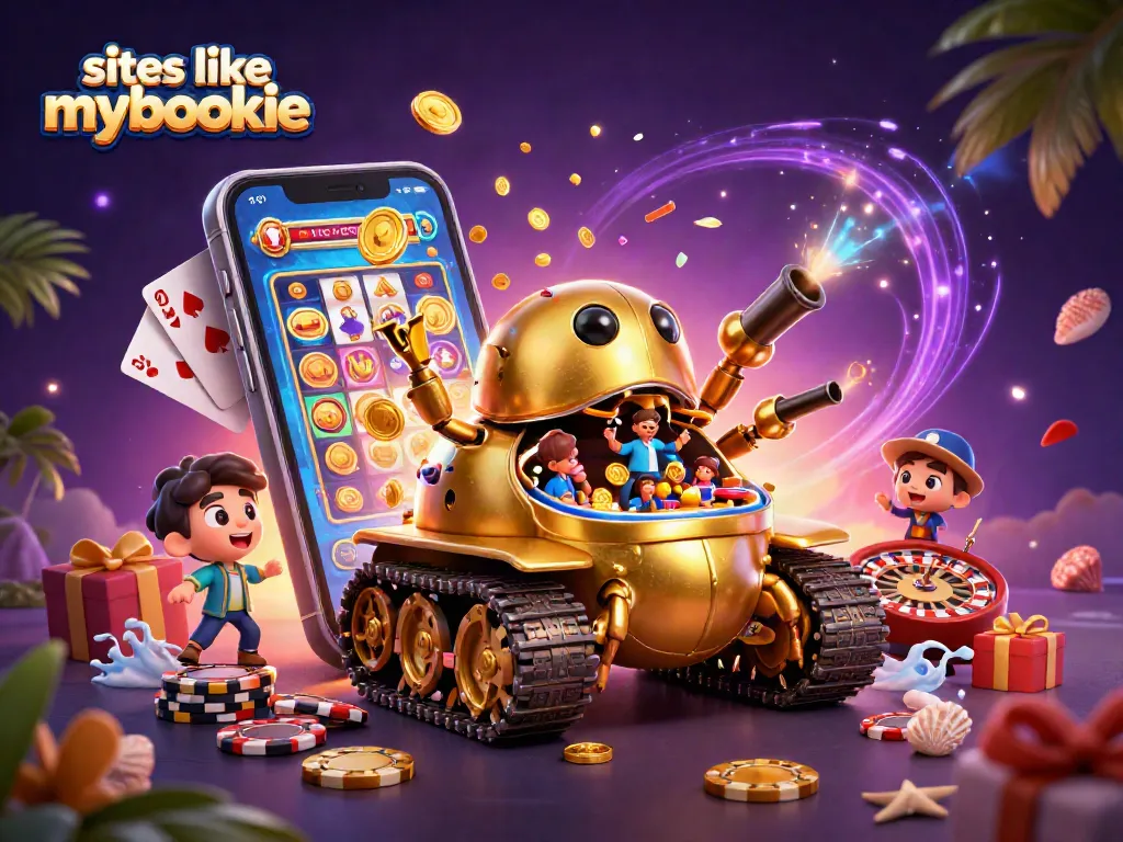 Experience the thrill of sites like mybookie with colorful slots and a golden beetle tank casino scene.
