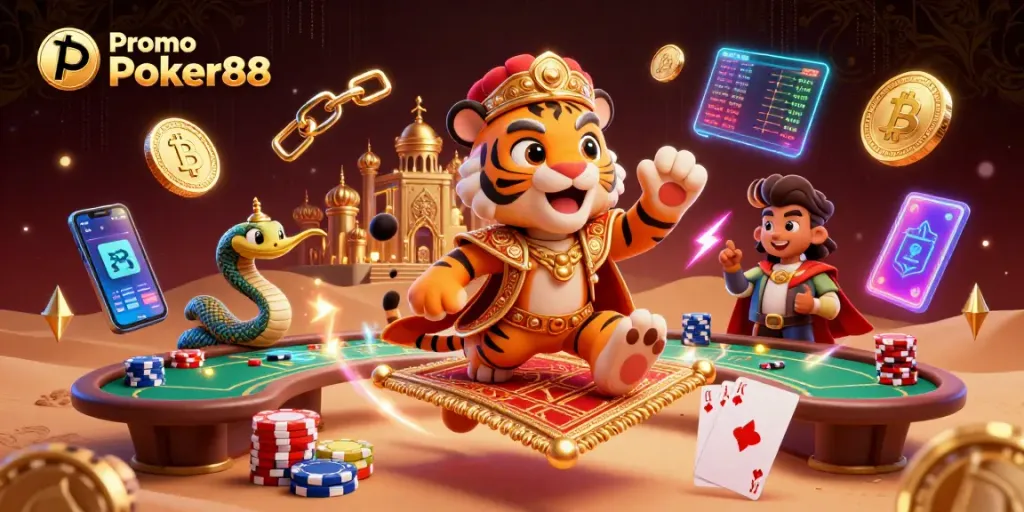 Experience the excitement of Promo Poker88 with a vibrant casino scene full of cards, chips, and neon effects.
