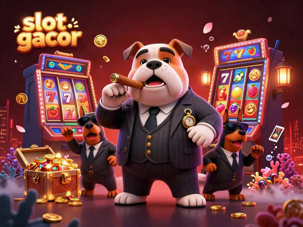 Experience the excitement of slot gacor as the mafia boss bulldog spins winning reels surrounded by treasure and vibrant casino elements.