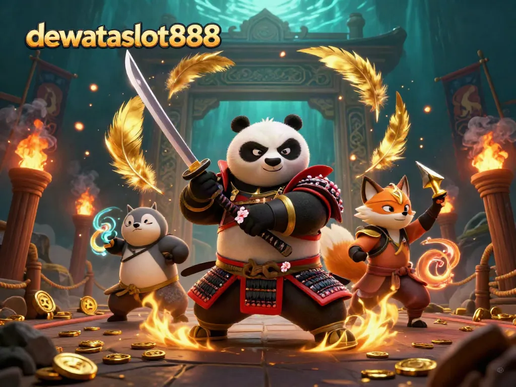 Ilustrasi khas dewataslot888 dengan panda samurai dan rubah ninja, menunjukkan aksi permainan capsa susun.