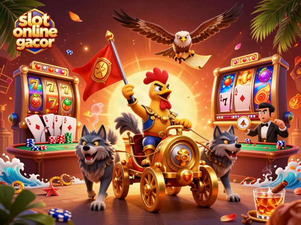 Spin and win at slot online gacor with energetic slot reels and poker action, dynamic casino illustration.
