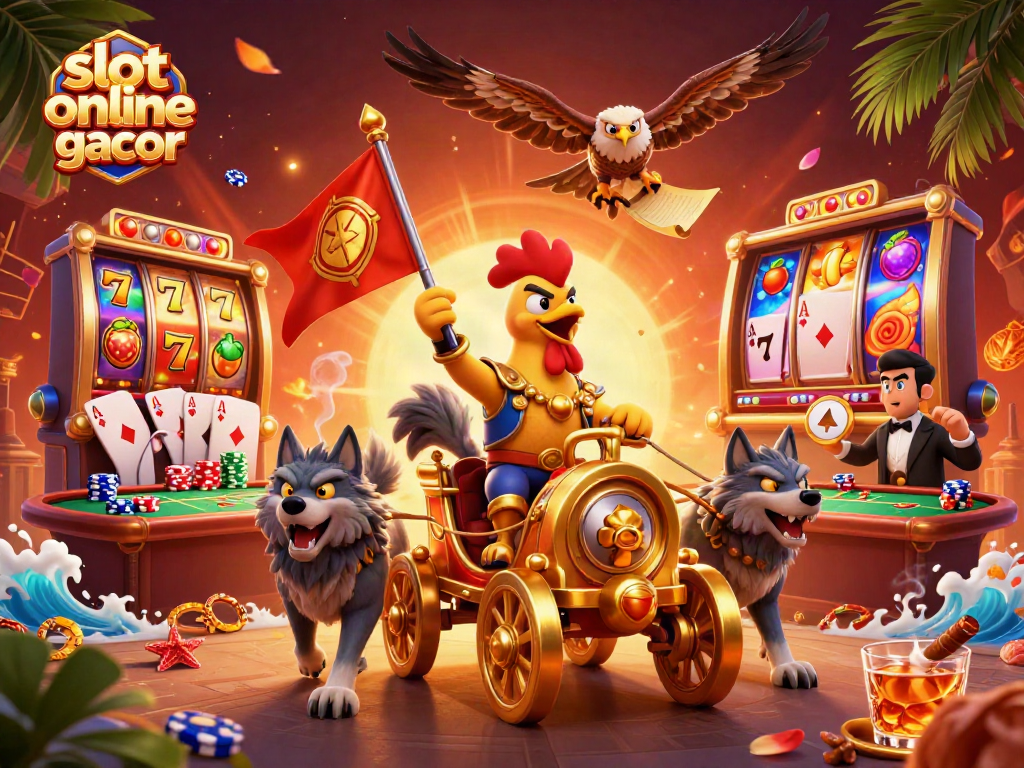 Spin and win at slot online gacor with energetic slot reels and poker action, dynamic casino illustration.
