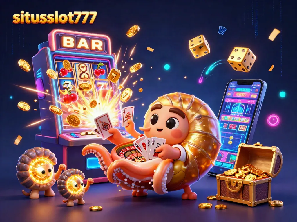 Play at situsslot777 in a vibrant 3D casino scene with enchanting characters and thrilling gaming elements.