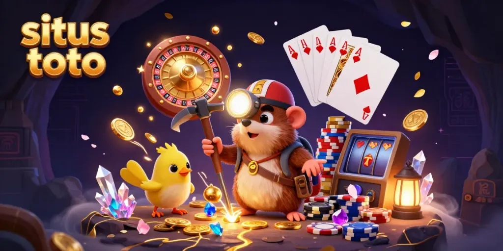 Experience situs toto excitement with a treasure hunter mole and gaming elements in an enchanting 3D scene.