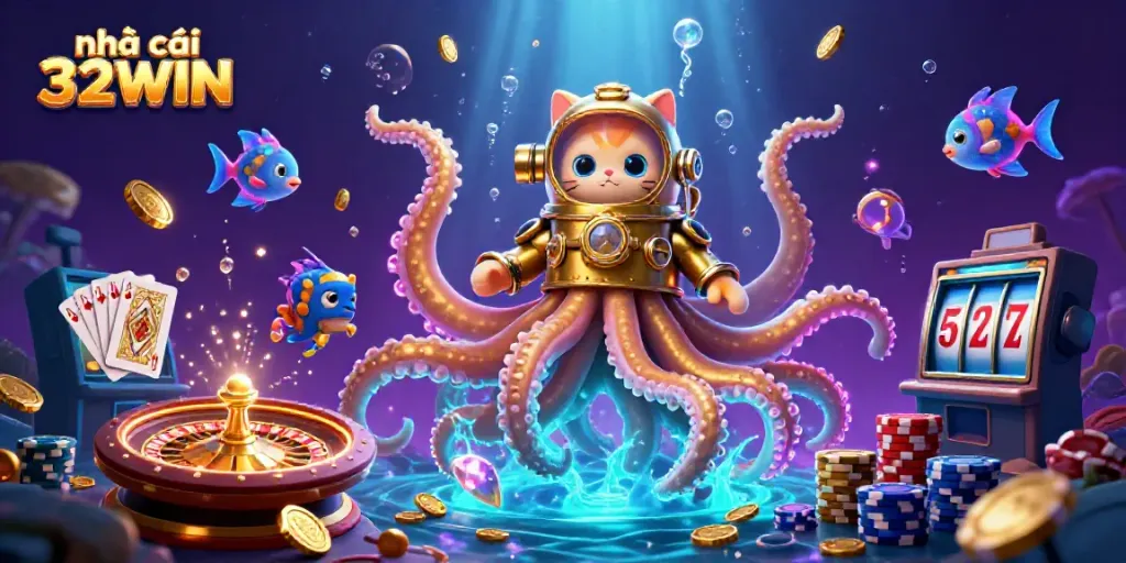 Experience the excitement of nhà cái 32WIN with a vibrant 3D casino illustration depicting thrilling games.
