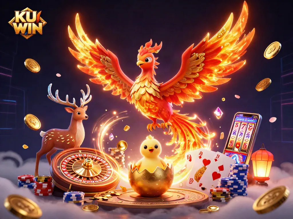 Experience the thrill of KU WIN with vibrant 3D casino characters and sparkling treasures.
