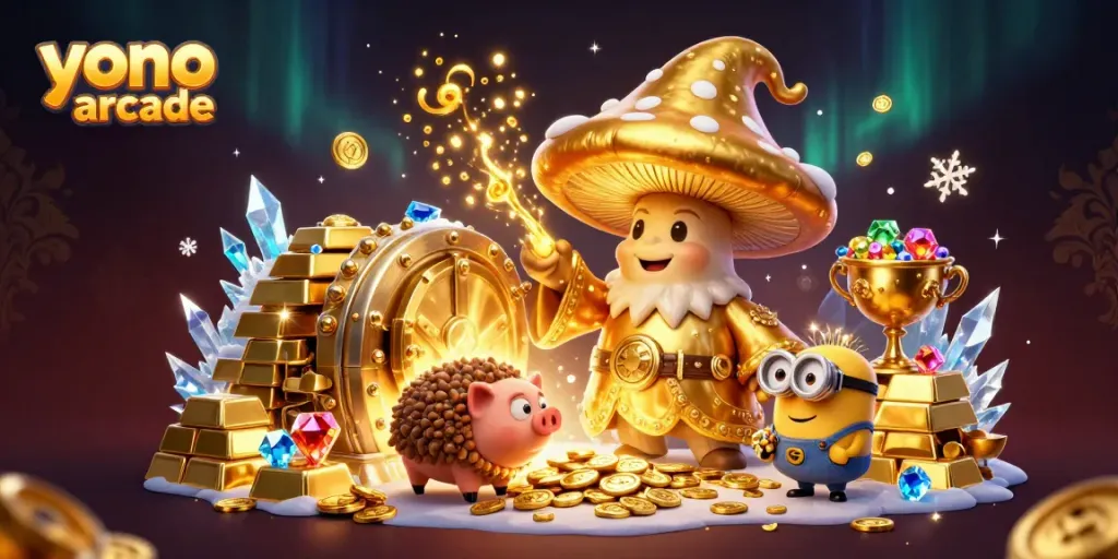 Experience thrilling gameplay at yono arcade with gold and gemstones surrounding enchanting characters.