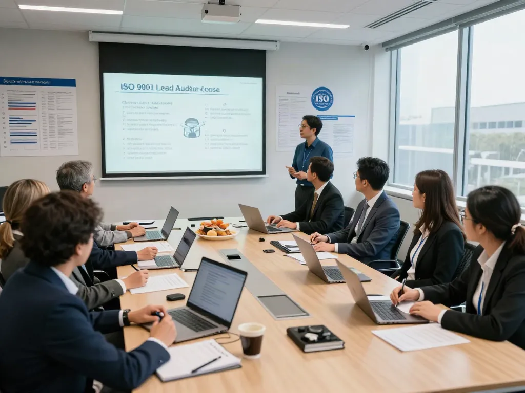 Professionals engaged in ISO 9001 Lead Auditor Course training, learning key auditing concepts in a modern conference room.