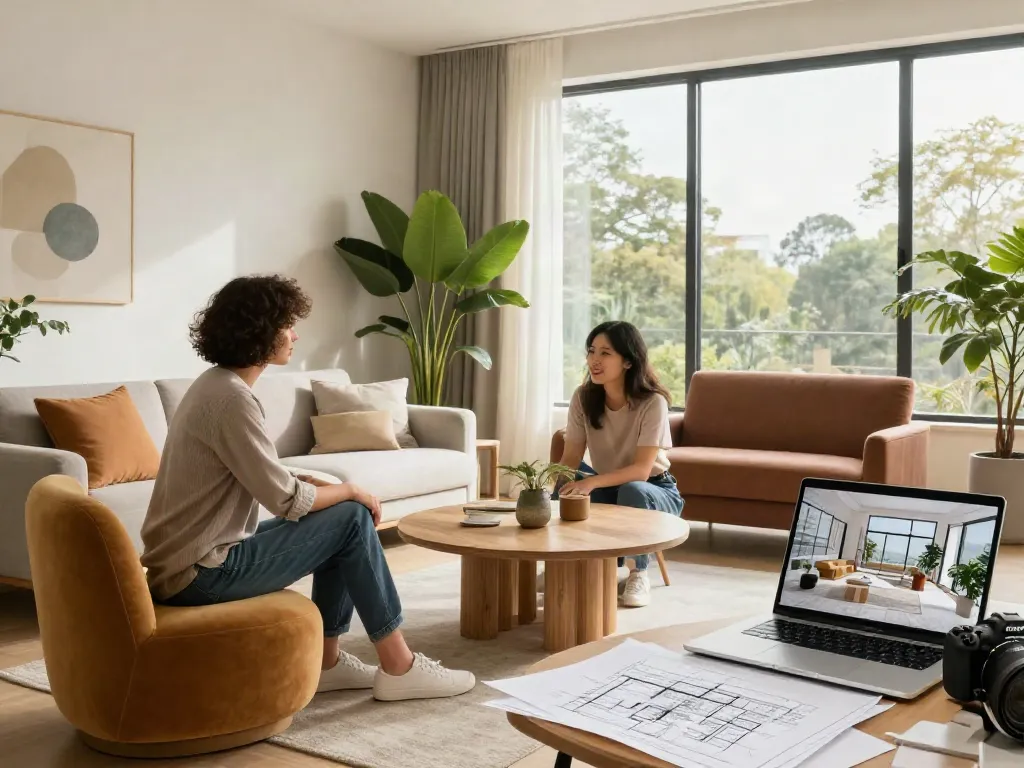Desain interior rumah yang mengoptimalkan kenyamanan dengan https://bespokegeometry.com/2015/07/22/cocoon/ dan estetika geometris, menampilkan ruang tamu modern.