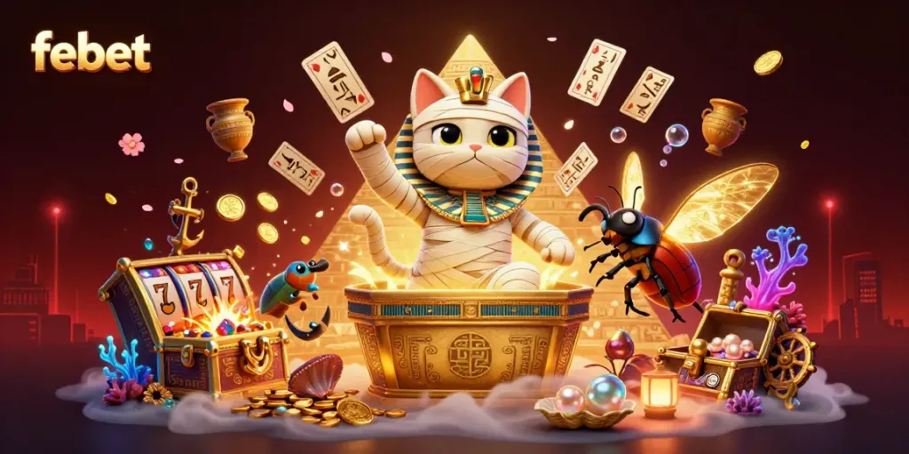 Join the excitement at febet casino with an Egyptian mummy cat and dynamic slot game elements!