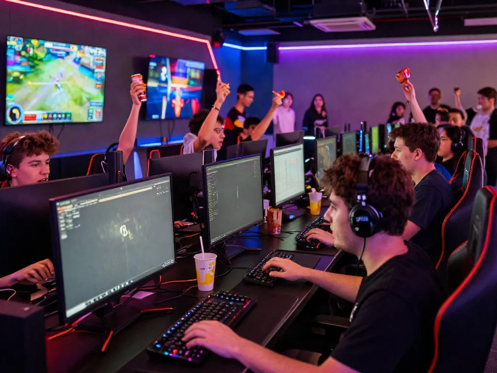 Juraganbola gaming arena with players competing in an e-sports event.