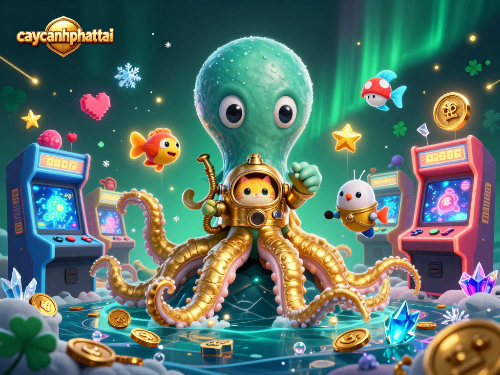 Win big with caycanhphattai in a vibrant 3D casino scene featuring a kraken and diving cat.