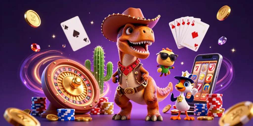 Experience cm88's vibrant casino world with a 3D cowboy dinosaur, dazzling gems, and spinning roulette.