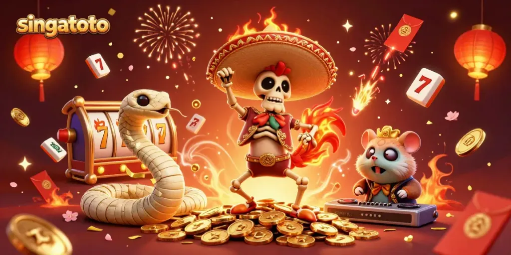 Experience the excitement at singatoto with our vibrant casino-themed illustration featuring animated characters celebrating amidst slot reels and glowing decor.
