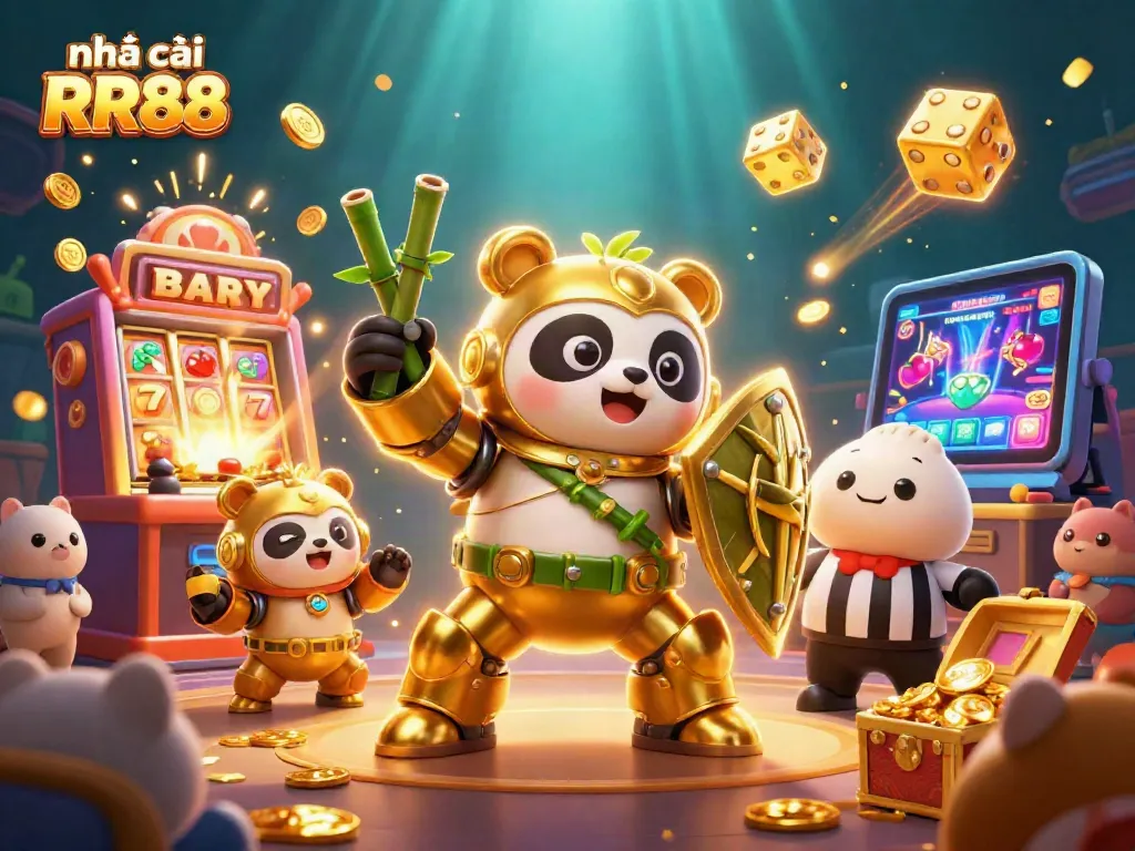 Experience the excitement of nhà cái RR88 with dynamic casino-themed 3D characters and elements.
