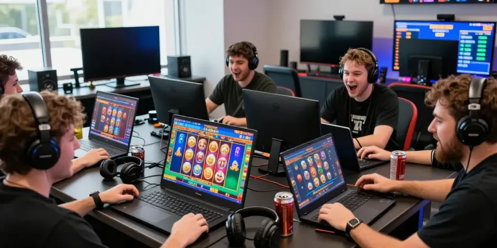 Excited players engaging with multiple devices at Bro138 online gaming hub.