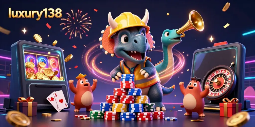 Engage with luxury138 toys as a triceratops builds poker chip pyramids amidst celebrations and gaming excitement.