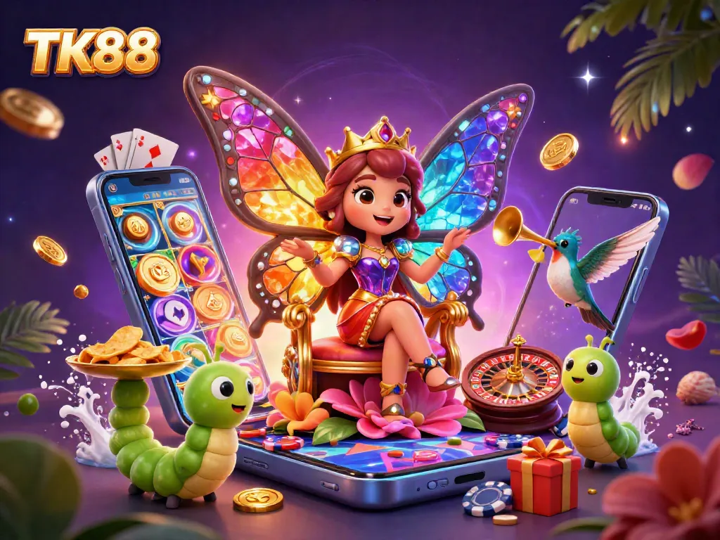 Engage in immersive gaming with TK88, featuring vibrant creatures and captivating casino elements.