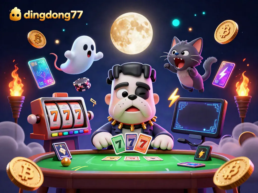 Spin to win with dingdong77 at the casino featuring a vibrant scene with a bulldog dealer and NFTs.