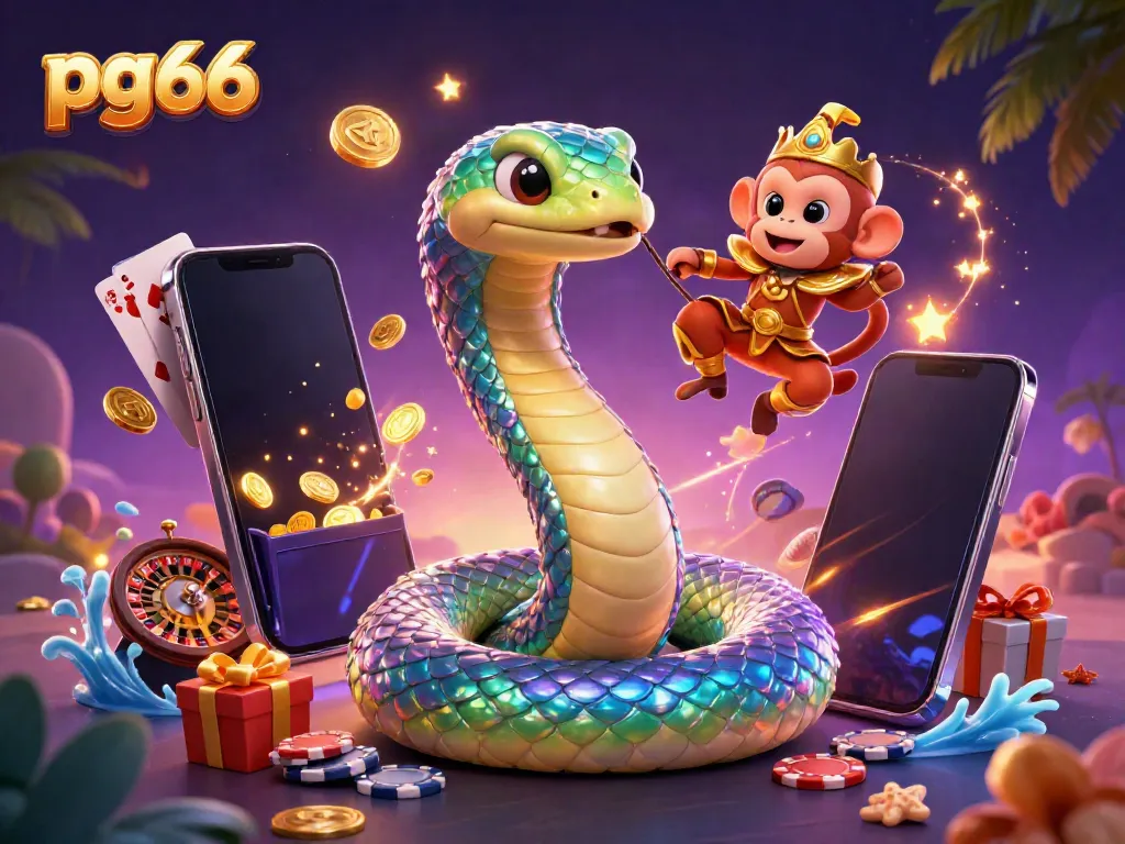 Engage with pg66's vibrant 3D casino scene showcasing colorful slot games, a playful monkey king, and a shimmering snake.