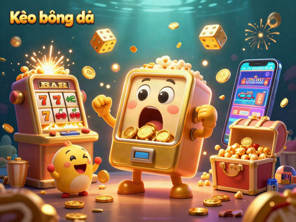 Kèo bóng đá slots bursting with excitement as a golden slot machine hits the jackpot, celebrating with flying coins and symbols.
