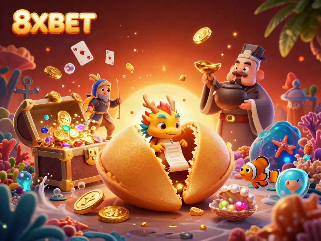 Experience thrilling gaming at 8XBET with a vibrant 3D casino adventure featuring gold, fortune cookies, and animated characters.