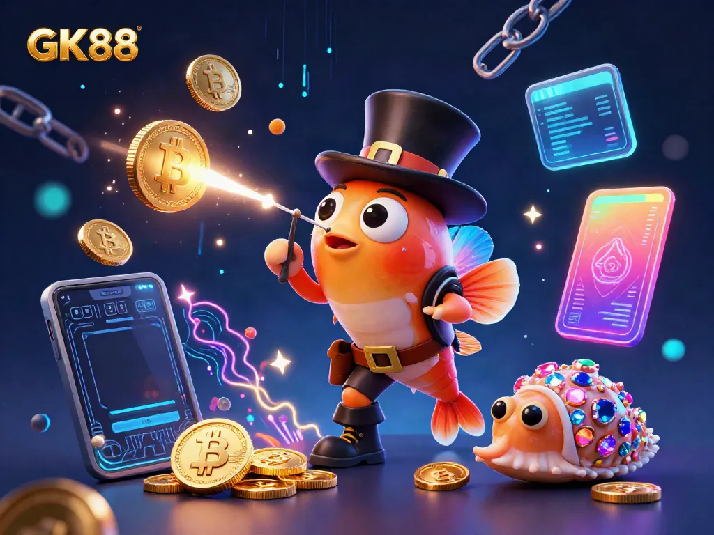 Engage in thrilling gaming at GK88 with a vibrant 3D scene of treasures and crypto elements.