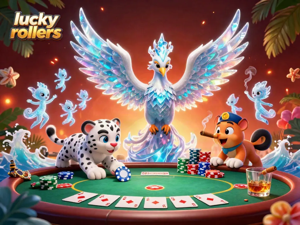 Experience the thrill of lucky rollers with a vibrant casino scene featuring a mythical ice phoenix and playful sprites.