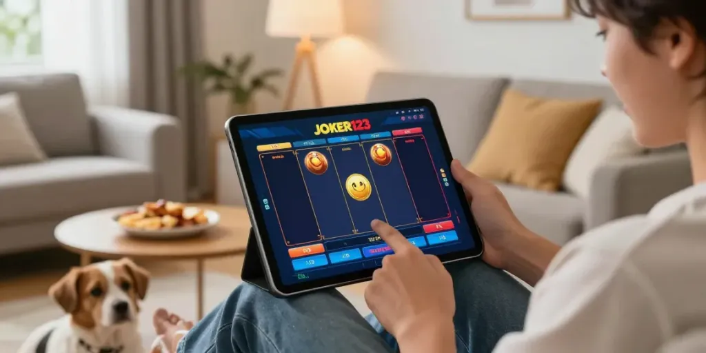 ผู้เล่นกำลังสนุกกับเกมสล็อต JOKER126 ในบรรยากาศสบายๆ ที่บ้าน
