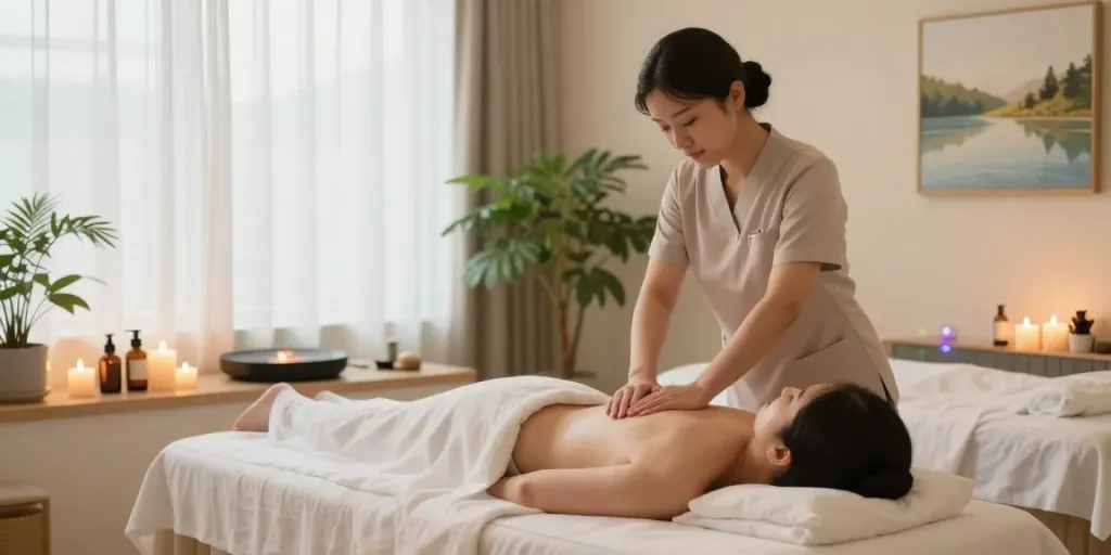Relaxing 남양주출장마사지 scene with tranquil spa environment featuring soothing candles and essential oils.